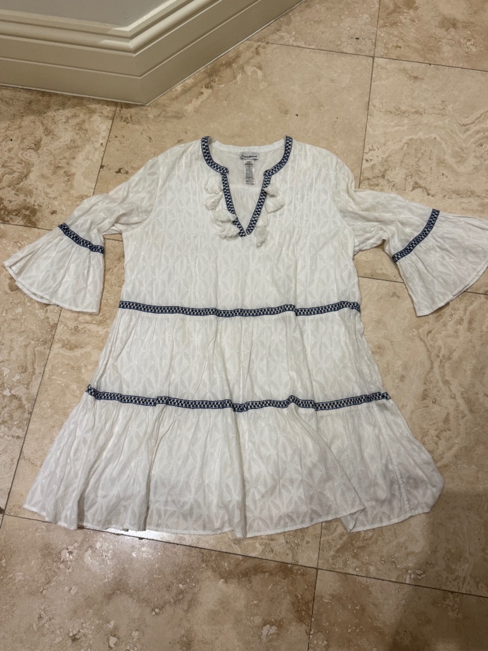 Tommy Bahama White Jacquard Tiered Tassel Dress Cover Up Cotton Boho Beach Sz.Lg